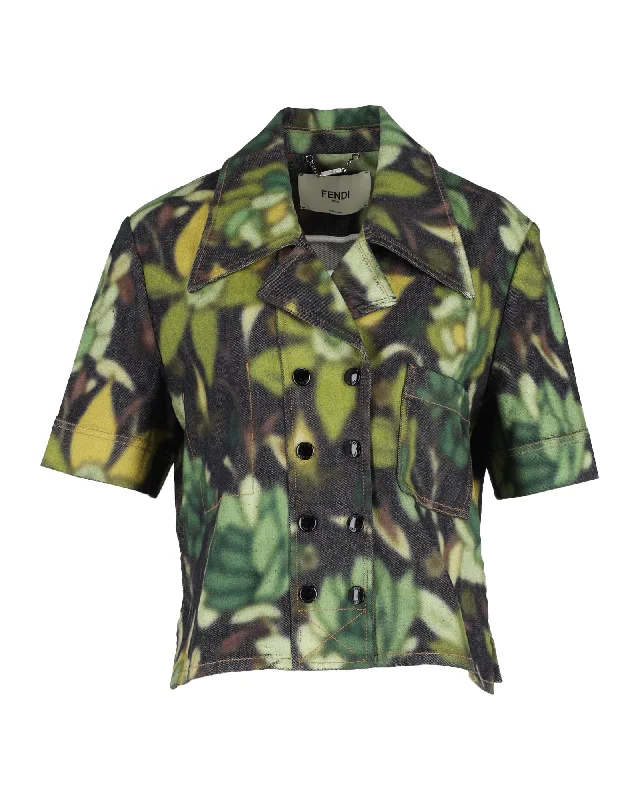 Fendi Floral Buttoned Short Sleeve Jacket in Green Cotton