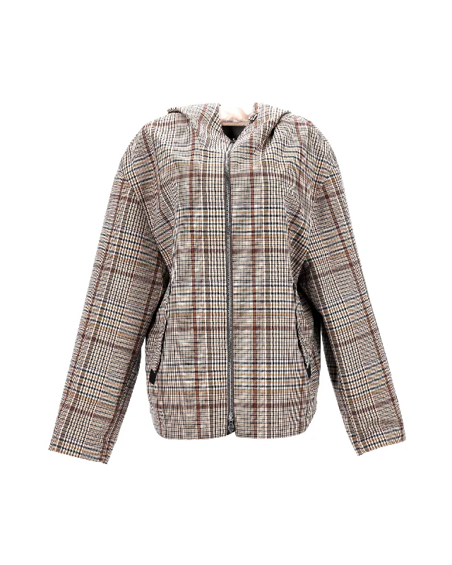 Hermes Checkered Print Hooded Zip Jacket in Brown Organic Cotton