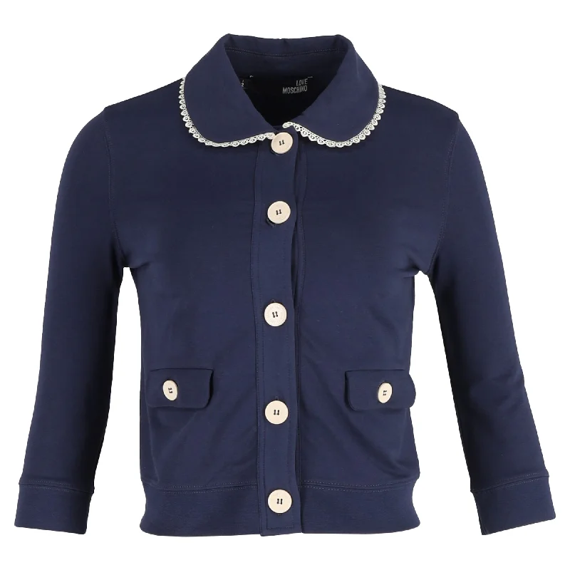 Love Moschino Button Down Frilled-Collar Jacket in Navy Blue Cotton