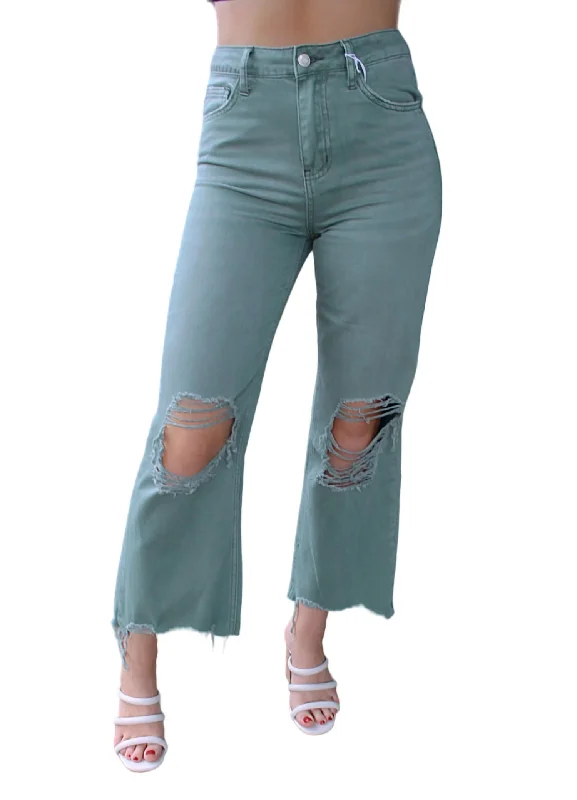 90's Vintage Crop Flare Jean In Green