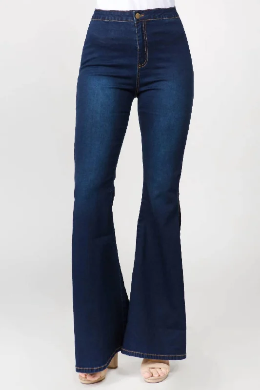 Chic Side Slit Flare Jeans In Dark Blue