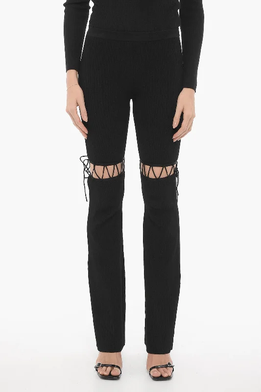 Nensi Dojaka Ribbed Flared Pants with Lace-up Detail